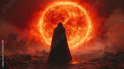 Silhouette of person standing in front of large sun.