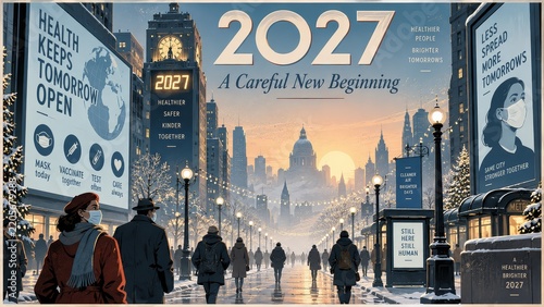 New Year 2027 public health city poster with masked pedestrians
