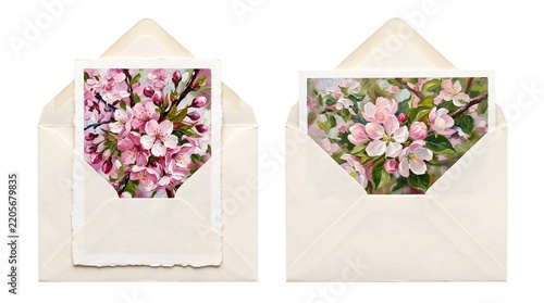 Two Open Paper Envelopes with Oil Painted Blossom Cards Inside Isolated on White Background