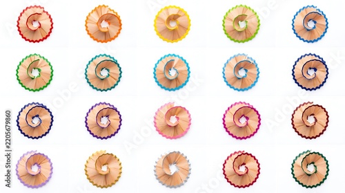 Grid Collection of Wooden Pencil Shavings with Colorful Edges Isolated on White Background