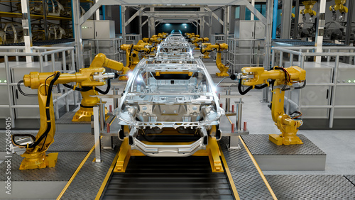 3D Illustration of Robotic Arms Welding Car Body Frames on Automated Automotive Assembly Line in Factory
