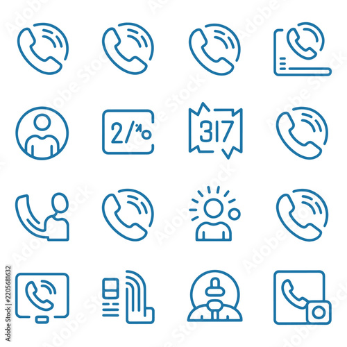 Set of blue phone call and customer support line icons isolated on white background for business communication interface design