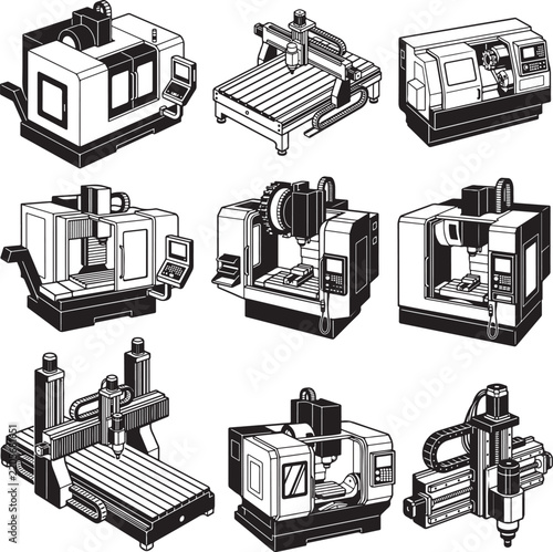 Industrial CNC Machine Line Art Vector, Monochrome Factory Manufacturing Machinery Collection