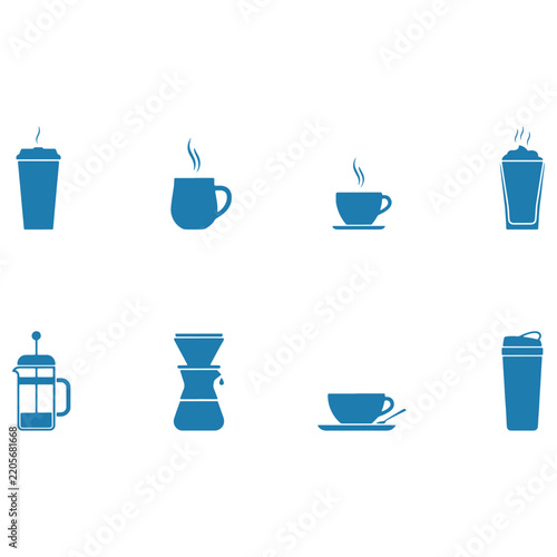 Set of eight blue coffee shop drink icons featuring various brewing methods and serving cups design
