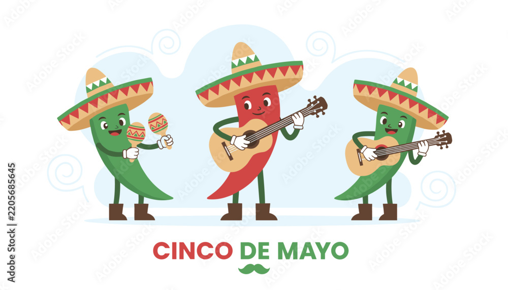 Fototapeta premium Funny cartoon chili peppers wearing Mexican sombreros play acoustic guitars and maracas to celebrate Cinco de Mayo holiday.