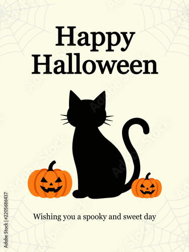 Happy Halloween Greeting Card with Black Cat and Jack O Lantern Pumpkins. suitable for Halloween greetings, invitations, social media posts, posters, and seasonal promotional materials.
