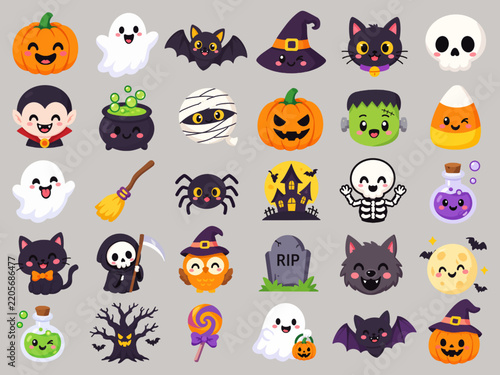 Cute Halloween Character and Icon Set with Pumpkin, Ghost, Bat, Witch and Cat Vector Illustration. perfect for Halloween stickers, greeting cards, invitations, posters, social media graphics