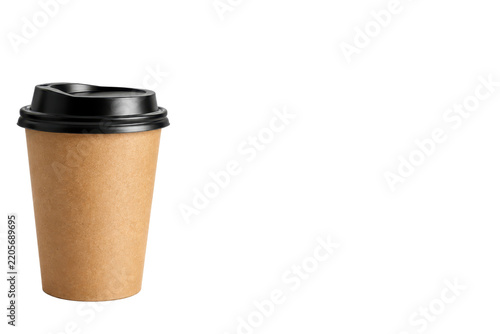 Kraft paper takeaway coffee cup with black plastic lid positioned on the left, isolated on a clean white background with copy space for beverage advertising and packaging design.