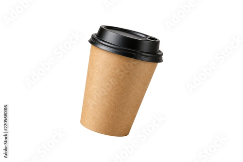 Single kraft paper takeaway coffee cup with black plastic lid, tilted and isolated on a clean white background, suitable for cafe, beverage, packaging, and branding concepts.