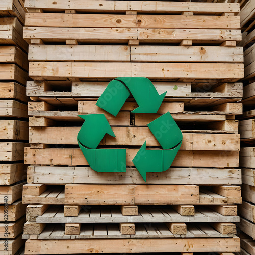 Recycling symbol rendered in bright green mounted securely on a textured stack of weathered wooden pallets.