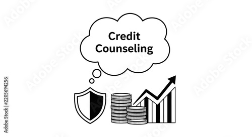 Credit counseling concept illustration featuring a thought bubble, shield symbol, coin stacks, and a rising growth chart, ideal for finance and debt management themes.