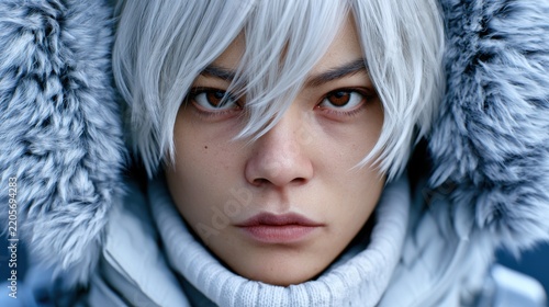 Young Asian male with silver hair wearing a fur-lined hooded jacket stares directly at the camera, showcasing a serious expression against a blurred background
