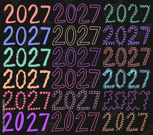 2027 Hand Drawn Numbers Collection in Colorful Doodle and Decorative Typography Styles. New Year 2027 Lettering Design for Posters Apparel Cards and Celebrations. Colorful Decorative Number