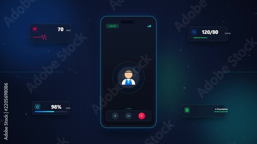 Digital smartphone interface showing remote medical consultation with live health monitoring data
