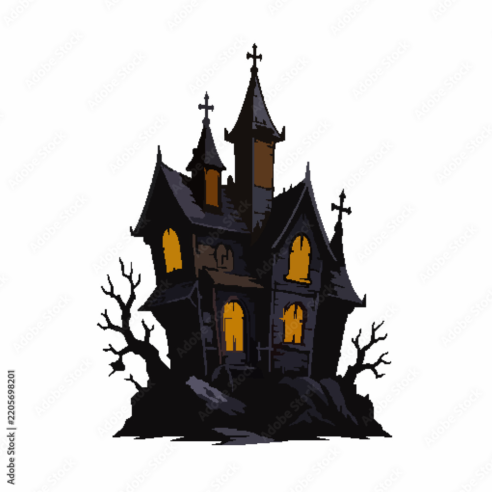 Fototapeta premium Halloween Pixel Art Haunted Mansion with Spooky Glowing Orange Windows