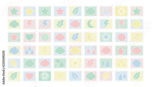 Collection of pastel weather and nature icon stickers featuring stars, clouds, lightning bolts, and leaves.