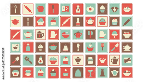 Baking and kitchen icon sticker collection featuring whisks, rolling pins, cupcakes, and kettles.