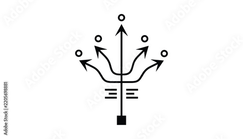 Strategic decision tree diagram icon with a central line branching into five directional arrows.