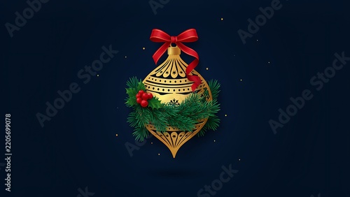 A patterned vintage gold bauble wrapped in a pine garland with red berries and a festive satin bow, created with generative ai