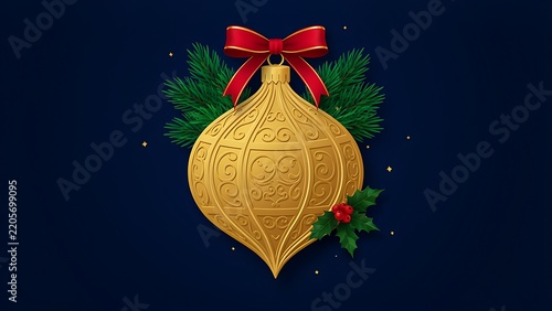 An intricately engraved gold Christmas bauble topped with a red bow and framed by pine branches on dark background, created with generative ai.