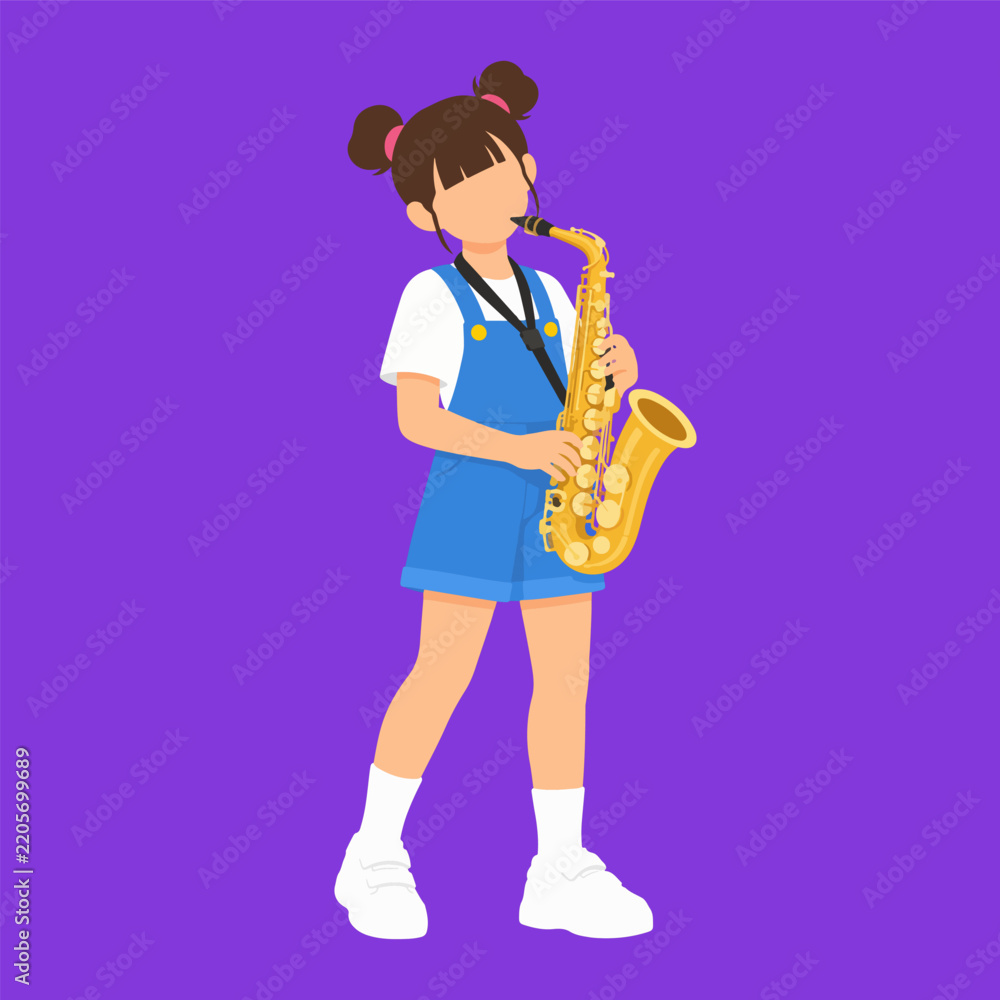 Fototapeta premium Girl Playing Saxophone Child Music Pose in Faceless Flat Minimalist Illustration
