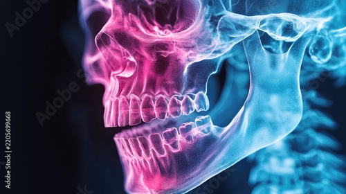 A skull with pink and blue colors. The skull is in a blue and purple color