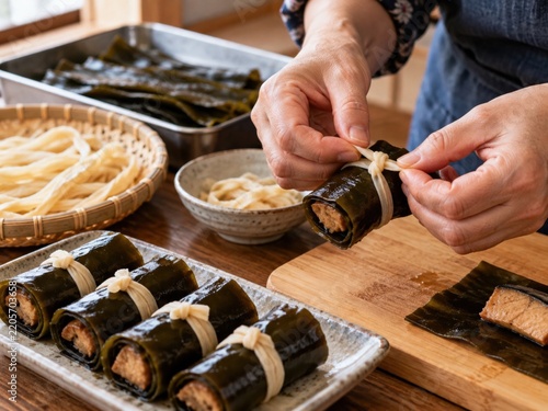 昆布で具材を巻き、かんぴょうで結んで昆布巻きを作るおせち料理の手元