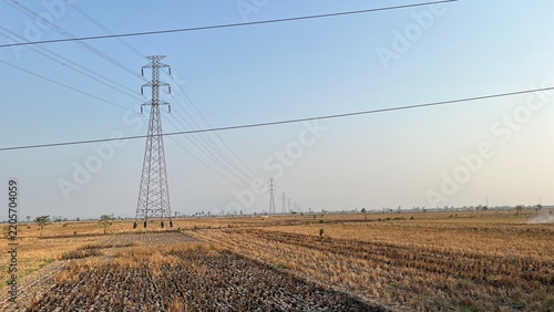 High Voltage Power Line Pylon in Agricultural Field