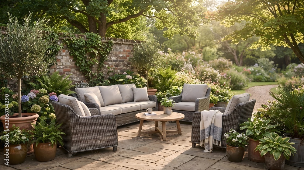 Obraz premium Cozy Outdoor Patio Furniture Set with Lush Green Plants and Garden Sofa