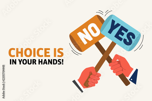 Illustration showing choice between yes and no with hands holding hammers