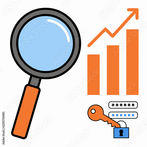 Magnifying glass examining growth chart with security key illustration