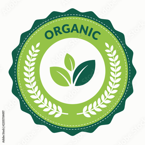 Organic Certification Badge with Leaf Design Isolated