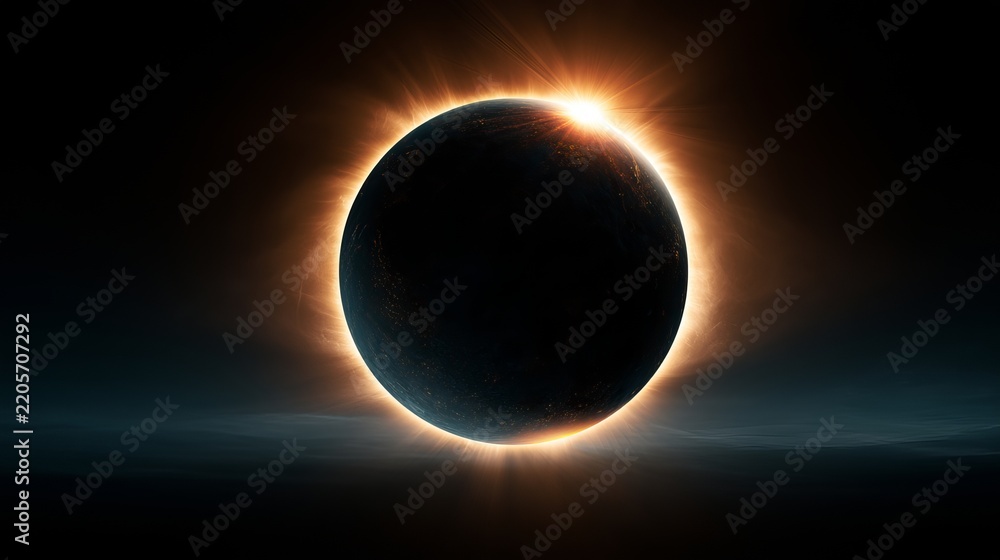 Naklejka premium Dramatic total solar eclipse exhibiting vibrant corona, highlighting celestial mechanics, for science and astronomical education