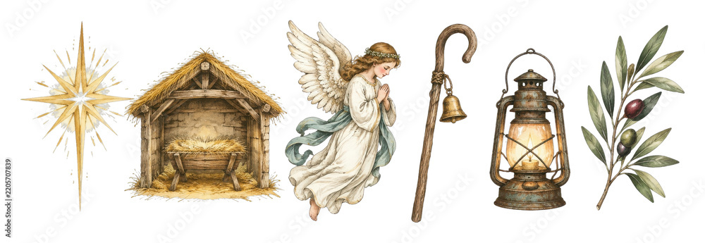 Obraz premium PNG Vintage Christmas nativity angel lantern olive branch illustration