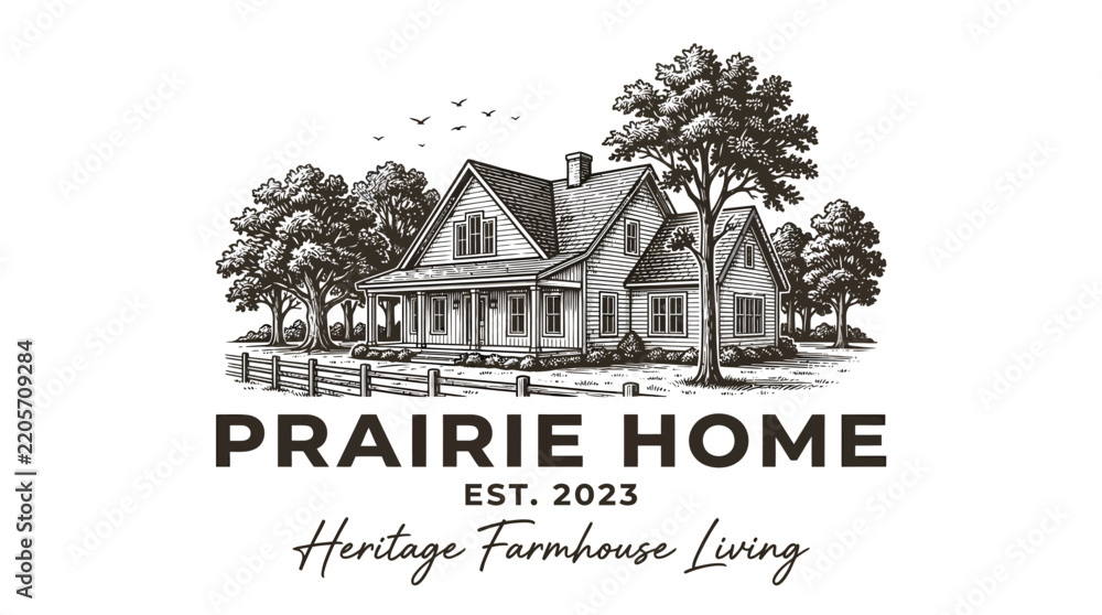 Obraz premium Vintage Hand Drawn Prairie Farmhouse Illustration Logo.