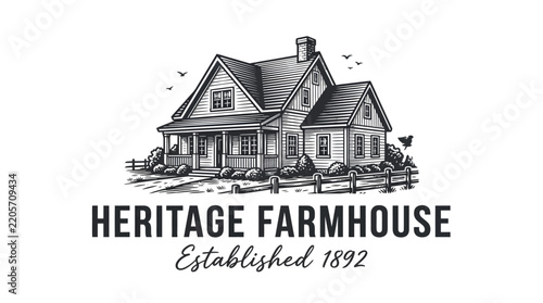 Vintage style hand drawn heritage farmhouse illustration with typography.