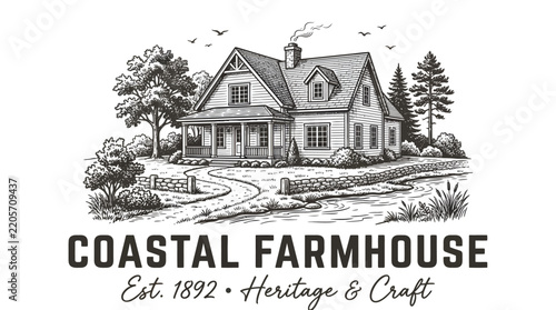 Vintage style hand drawn coastal farmhouse logo illustration.