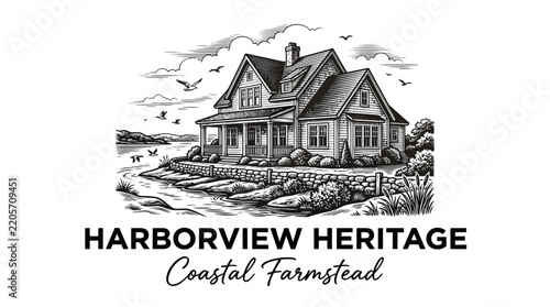 Vintage style hand drawn illustration of a coastal farmhouse cottage logo.