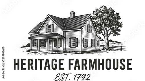 Vintage style hand drawn heritage farmhouse logo illustration with established date.