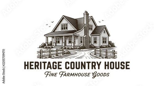 Vintage style hand drawn illustration of a heritage country house logo.