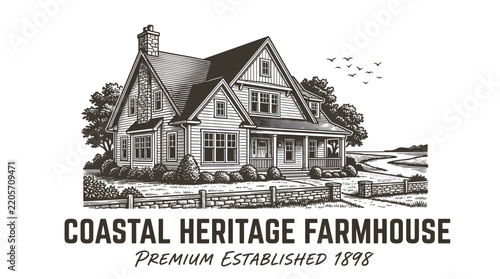 Vintage style hand drawn illustration of a coastal heritage farmhouse.