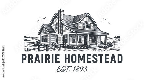 Vintage style illustration of a rustic prairie homestead house with text.
