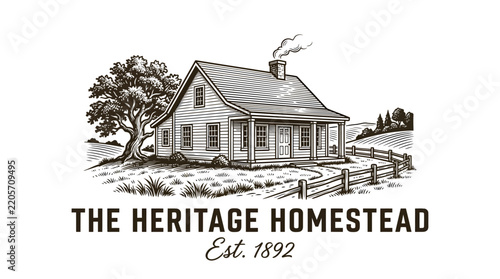 Vintage style hand drawn illustration of a heritage homestead house with text.