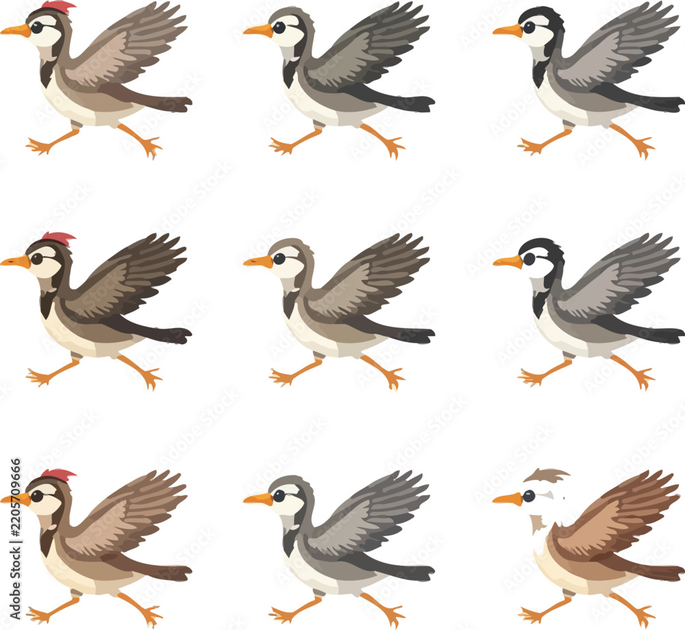 Obraz premium Cute Cartoon Flying Birds Poses Collection Sprite Sheet Vector
