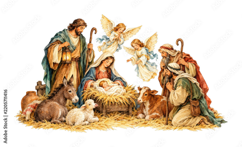 Obraz premium PNG Nativity scene with holy family, angels, shepherds, animals