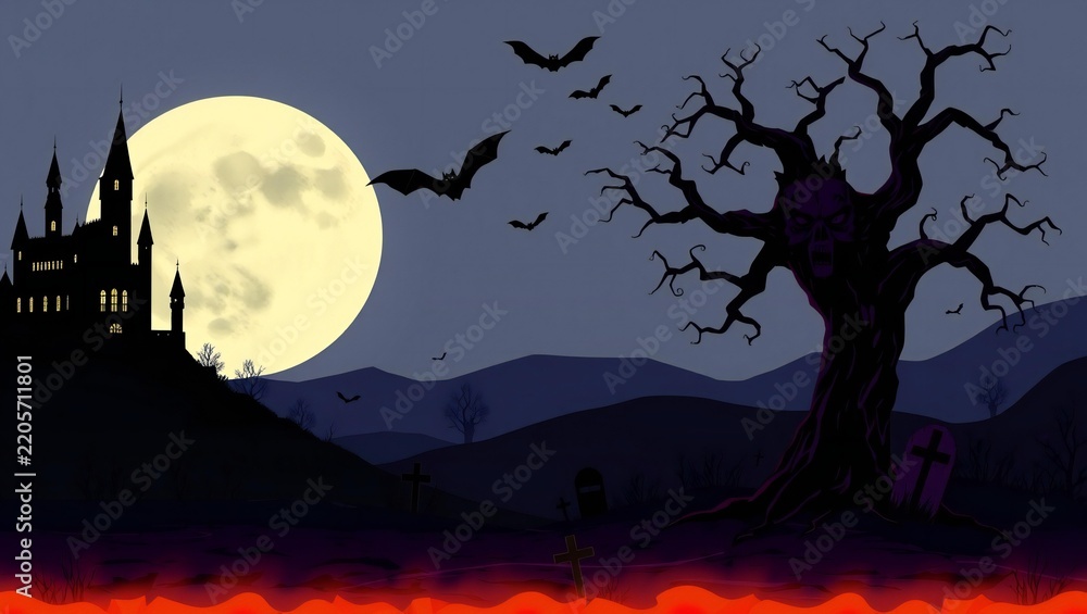 Fototapeta premium Spooky haunted castle silhouette with a large full moon and flying bats in a dark night landscape