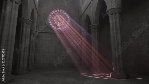 Sunlight through rose window in cathedral interior. Looped animation