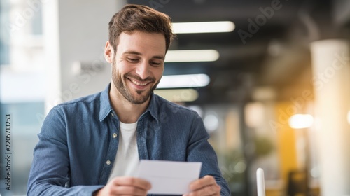 Smiling Businessman Reading Document in Modern Office