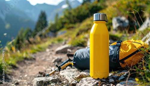 Bright yellow insulated water bottle with silver metal cap beside hiking equipment on a mountain trail, 3D Illustration.