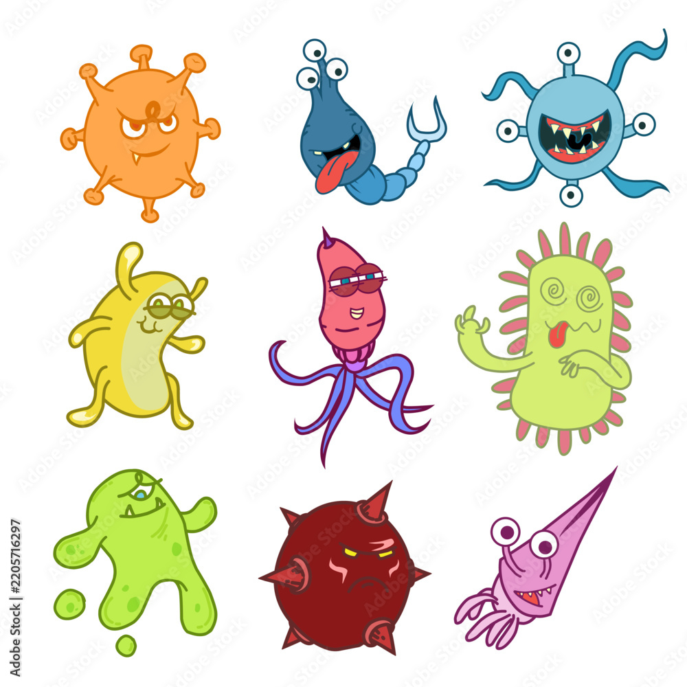 Obraz premium Cute Germs and Bacteria Cartoon Characters Vector Set